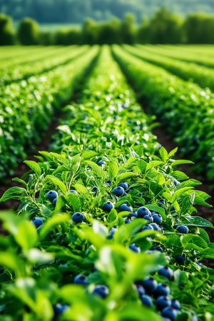 Amidst vast greenery, deep blue blueberries adorn orderly rows, inviting harvesters to gather the bountiful fruit under a soft morning glow. A tranquil joy encapsulates this idyllic farm setting.の素材