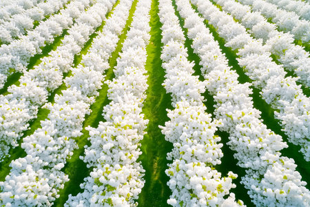 Waves of white blossoms fill the cherry orchard, creating a breathtaking symmetry against lush green rows. This vibrant spectacle captures the essence of spring in full bloom.の素材