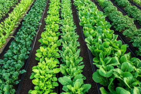 In a striking display of agriculture, various crops thrive in organized sections, each cultivated in geometric patterns. This aerial perspective highlights the colors and textures of thriving plants.の素材