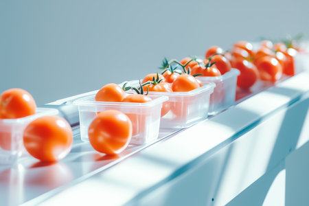 Workers carefully sort ripe tomatoes into plastic containers on a conveyor line. Soft light bathes the scene, enhancing the fresh, vibrant colors in a minimalist environment.の素材