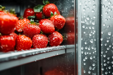 Refrigerated containers showcase an abundance of fresh berries, surrounded by a cool climate. Condensation forms gracefully on shiny metal surfaces, enhancing the freshness.の素材