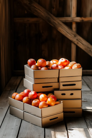 Stacks of neatly packed fruit boxes exude a minimalist charm against a rustic wooden backdrop, showcasing a simple yet inviting warehouse atmosphere filled with freshness.の素材