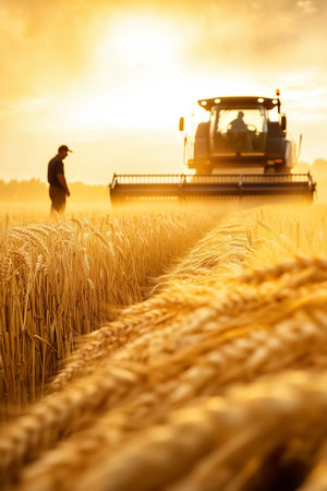 Standing among golden fields, a farmer inspects recently collected grains while a combine harvester rests in the background, illuminated by warm evening sunlight.の素材