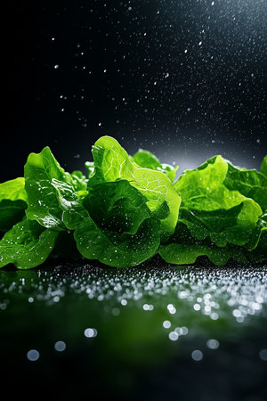 Fresh lettuce bunches sparkle with water droplets, illuminated by bright factory lights. The vibrant green hues and pristine freshness capture the essence of healthy eating.の素材