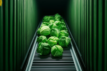 Cabbages are moving seamlessly along a conveyor belt, destined for a shipping container. The automated loading process showcases efficiency and innovation in agricultural logistics.の素材