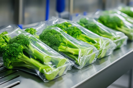 Broccoli is meticulously vacuum-sealed, lined up on a metal conveyor belt in a contemporary food processing plant. Each package gleams under bright lighting, showcasing freshness.の素材