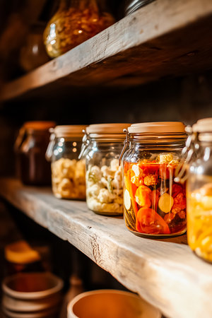 In a dimly lit rustic cellar, vibrant glass jars of preserved vegetables stand neatly on wooden shelves, exuding charm and a wholesome essence of home food preservation.の素材
