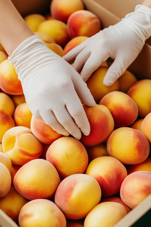 Soft, gloved hands carefully pack ripe peaches into cushioned boxes, showcasing the vibrant textures and colors of the fruit, emphasized by the gentle handling during the harvest.の素材