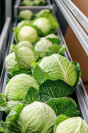 Cabbages are being seamlessly transported along a conveyor belt towards a shipping container, showcasing an automated loading system's efficiency in a modern agricultural setting.の素材