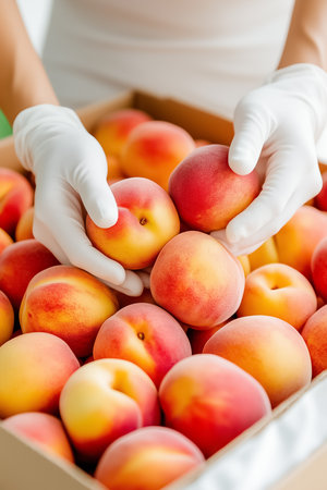 Gloved hands gently arrange plump, ripe peaches into cushioned boxes, highlighting the exquisite textures and colors of this delectable fruit, perfect for summer enjoyment.の素材