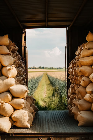Onion sacks are being loaded into a truck, with open doors revealing lush rural farmland beyond. This moment captures the vibrancy and productivity of agricultural life on a sunny day.の素材