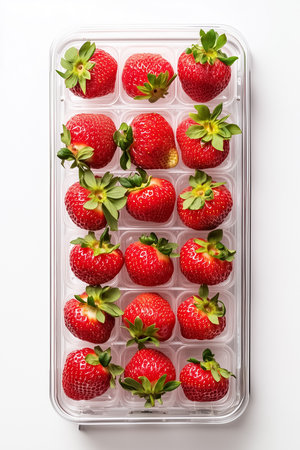 Bright red strawberries glide smoothly on a conveyor belt, neatly filling clear plastic containers in a modern packing facility. Each fruit is carefully arranged for prime freshness.の素材