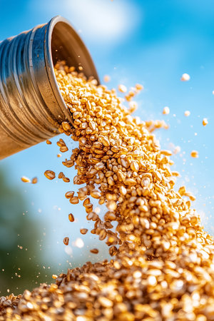 Golden grains flow smoothly from a silo pipe, creating a cloud of dust that sparkles in the sunlight. The backdrop features a vivid blue sky, enhancing the agricultural beauty of the moment.の素材