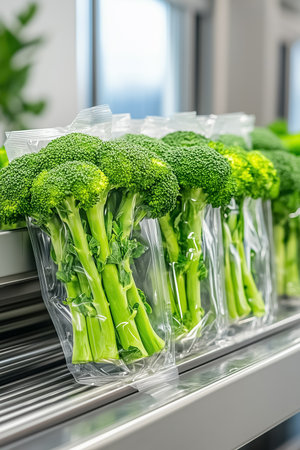 Broccoli is meticulously lined up in vacuum-sealed packaging as it moves along a sleek metal conveyor belt, showcasing efficiency in food processing and preservation.の素材