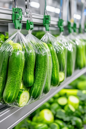Fresh cucumbers are being systematically wrapped in plastic on an automated line, showcasing the blend of technology and agriculture in a factory setting focused on production efficiency.の素材