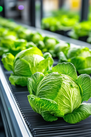 Cabbages are continuously moving along a conveyor belt, being neatly aligned for loading into a shipping container.の素材