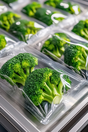 Broccoli is beautifully arranged in vacuum-sealed packaging on a sleek metal conveyor belt, showcasing the minimalistic design of modern fresh produce processing.の素材