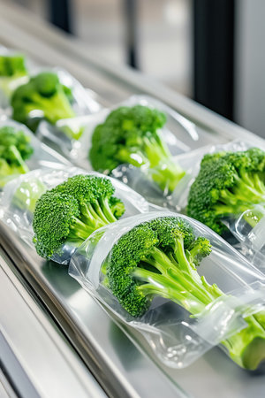 Broccoli heads neatly packaged in vacuum-sealed bags flow along a sleek metal conveyor belt in a state-of-the-art facility, emphasizing freshness and quality in food processing.の素材