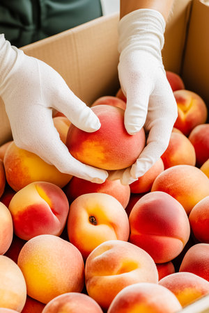 Gloved hands softly place fresh, ripe peaches into padded boxes, highlighting the smooth texture and vibrant colors of the fruit. The careful packing reflects a commitment to preserving freshness.の素材