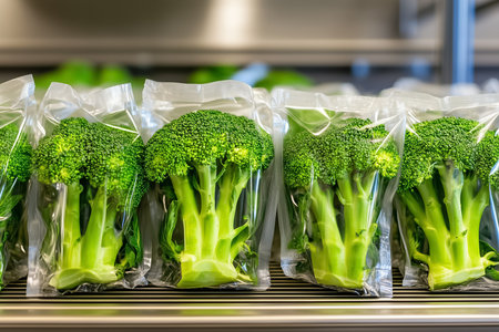 Fresh broccoli packed in vacuum-sealed bags moves along a metal conveyor belt, showcasing efficient packaging methods in a state-of-the-art facility focused on preserving produce quality.の素材