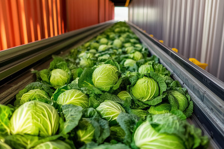 Cabbages move seamlessly along a conveyor belt into a shipping container, showcasing an advanced automated loading system at work, optimizing the logistics in agriculture.の素材