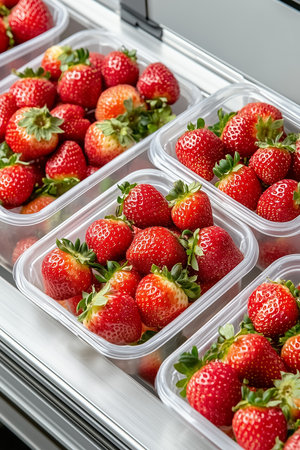 Plump strawberries glide smoothly on a conveyor belt, carefully placed into transparent containers, showcasing their vibrant red color in a modern and minimalist environment.の素材