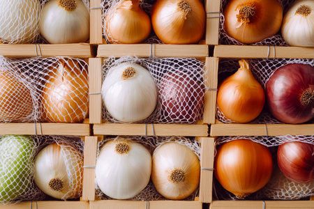 Stacked crates feature an array of onions in various colors, each carefully wrapped in protective mesh. This modern, minimalist arrangement highlights the beauty of fresh produce.の素材
