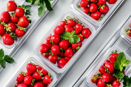 Strawberries are gently moving along a conveyor belt, making their way into clear plastic containers while surrounded by lush green leaves. The process showcases freshness and quality.の素材