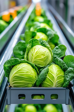 Conveyor belts facilitate the streamlined movement of fresh cabbages into shipping containers, showcasing an automated loading system in action at a contemporary agricultural site.の素材