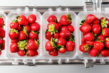 Brilliant red strawberries flow continuously along a conveyor belt, moving effortlessly into clear plastic containers. The minimalist composition highlights their natural beauty and abundance.の素材