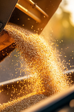 Grain pours from a combine harvester into waiting truck as sunlight filters through, illuminating the delicate particles of dust dancing in the air, showcasing farm life vibrant activity.の素材