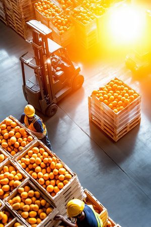 In a well-lit warehouse, workers diligently stack crates filled with oranges on wooden pallets while a forklift loads another stack, showcasing teamwork and productivity in action.の素材