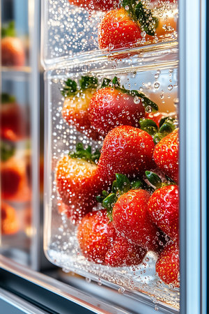 Constrained by a minimalist environment, fresh strawberries rest in refrigerated containers, their surfaces glistening with condensation, emphasizing freshness and quality in storage.の素材