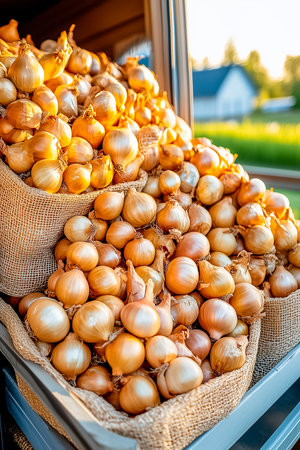 Sacks filled with fresh onions are being loaded into a truck as the sun sets, illuminating the rural farmland in the backdrop. A peaceful moment in agricultural life unfolds.の素材