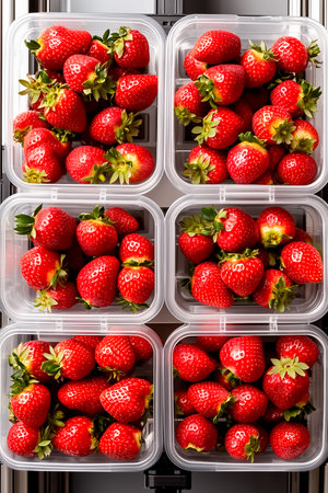 Vibrant strawberries glide on a conveyor belt, finding their place in transparent containers.の素材
