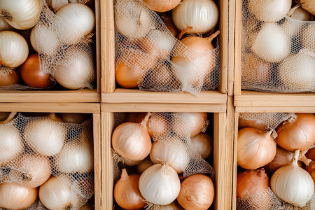Stacks of wooden crates present a minimalist view of carefully wrapped onions, highlighting the natural beauty of fresh produce in an artistic display. This evokes a sense of freshness and simplicity.の素材