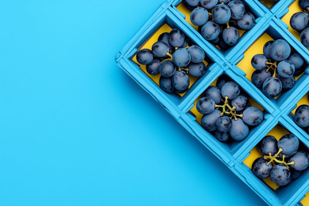 Grapes are meticulously organized in blue crates, showcasing their smooth texture and rich color. This arrangement creates an inviting and artistic visual appeal, perfect for food aesthetics.の素材