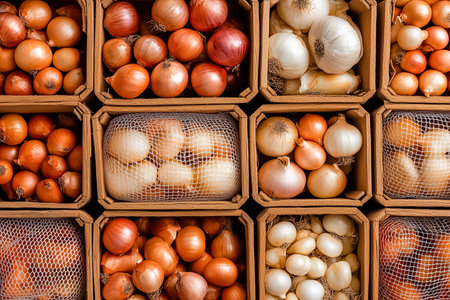 A striking display of stacked onion crates features various types of onions, each carefully wrapped in protective mesh.の素材