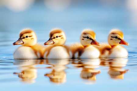 A row of adorable ducklings nestles along the pond's edge, gently bobbing in the shimmering water. Their fluffy bodies reflect the tranquil blue sky, creating a peaceful atmosphere.の素材