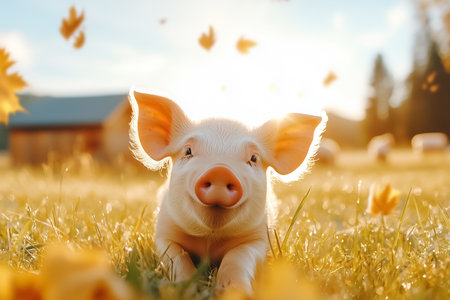Piglets playfully romp on the vibrant grass, their pink skin shimmering as sunlight bathes them, creating a delightful atmosphere on a tranquil farm.の素材