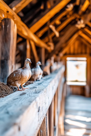 Turkeys comfortably roost in a warm wooden barn, offering a glimpse into a tranquil rural setting. The cozy atmosphere is enhanced by visible nests in the background.の素材