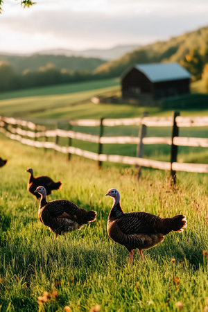Turkeys wander freely across a lush green field, framed by a rustic fence and a distant barn. The warm evening light enhances the peaceful rural atmosphere.の素材