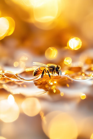 Bees busily gather and interact on a honeycomb, as warm golden honey reflects softly in the natural light, showcasing their vital role in nature's sweetness.の素材