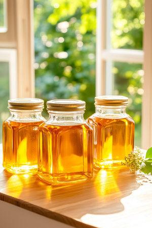 Jars filled with golden honey shine brightly as sunlight streams through a window, highlighting their amber hues against the warm wood of the table, creating a rustic and inviting atmosphere.の素材