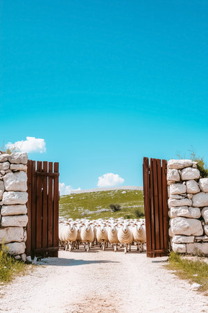 A tranquil moment captures a flock of sheep moving through an open gate, framed by sturdy stone walls, with a vibrant blue sky above and lush greenery beyond.の素材