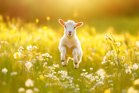 A spirited kid goat jumps playfully in a bright field filled with radiant wildflowers and lush green grass, basking in the warm sunlight, celebrating the joy of nature.の素材
