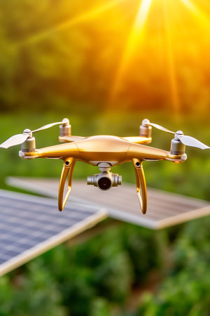 A drone gracefully approaches a solar-powered charging station nestled in lush green fields during a stunning sunset.の素材