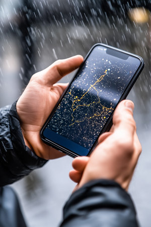 A drone operator checks real-time weather information and navigation on a mobile app while faced with rainy conditions. The focus on technology enhances outdoor exploration.の素材