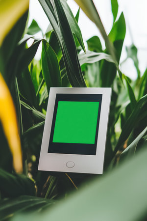 Touchscreen control panel actively monitors and adjusts irrigation based on real-time soil moisture data. Surrounded by vibrant foliage, it enhances agricultural management.の素材