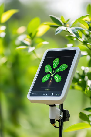 Touchscreen control panel actively shows soil moisture data and settings, optimizing irrigation in a vibrant garden filled with greenery and plant life.の素材